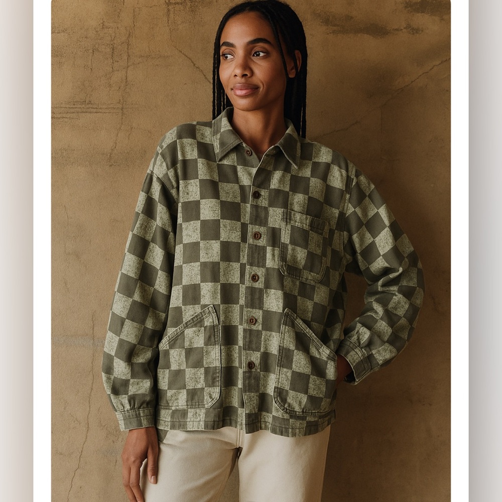 THE GREAT. Olive Green Checkered Overshirt Jacket